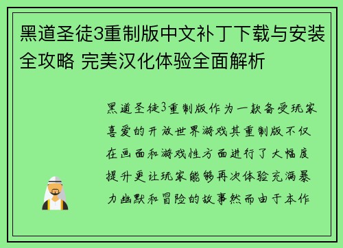 黑道圣徒3重制版中文补丁下载与安装全攻略 完美汉化体验全面解析